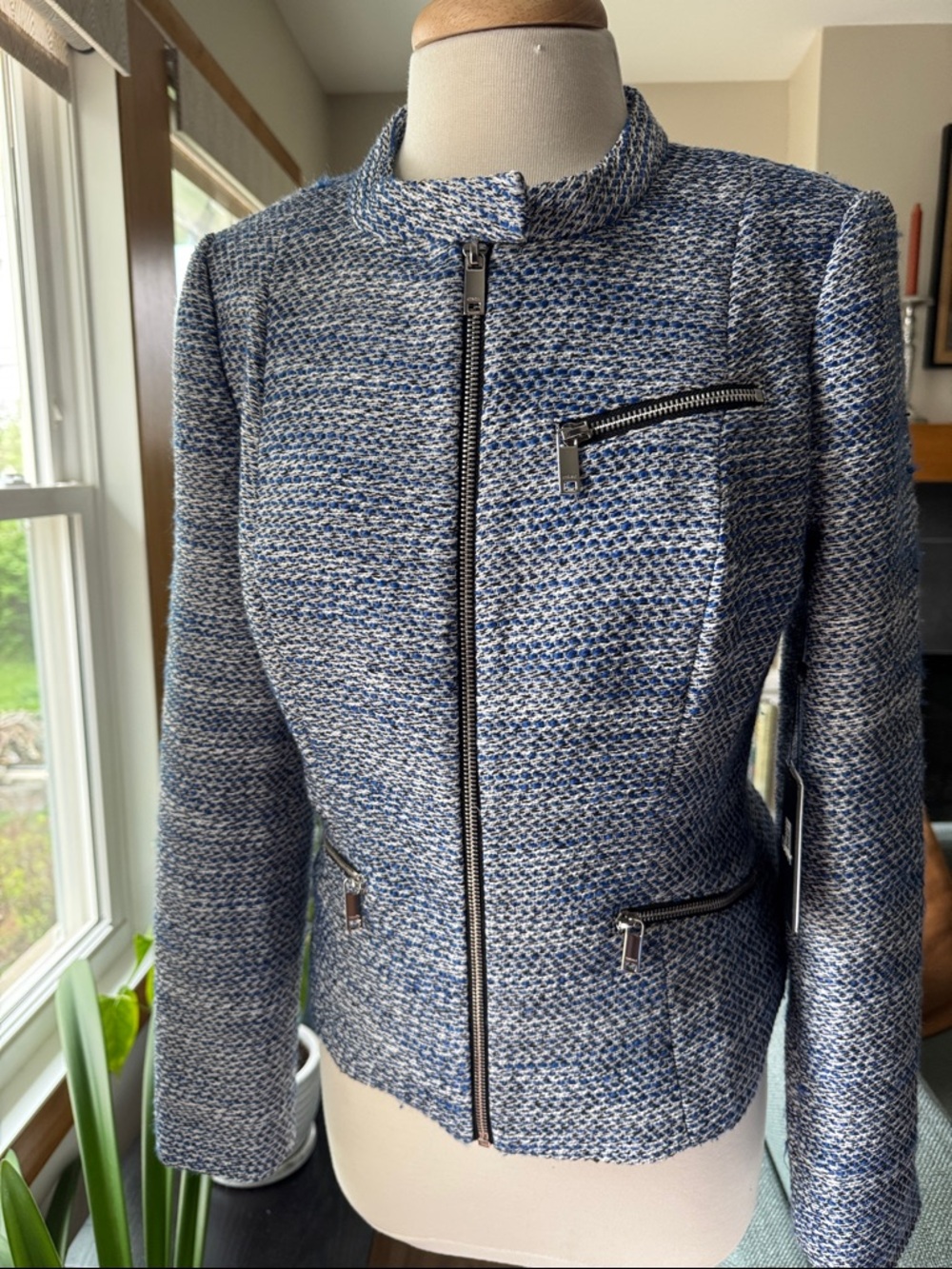DKNY Blue and White Tweed Zip-Front Blazer